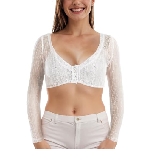 Gwnauz Dirndl Bluse Damen Weiß - Dirndlbluse Langarm V-Ausschnitt Knopfleiste Trachtenbluse für Oktoberfest & Karneval Bluse Damen von Gwnauz