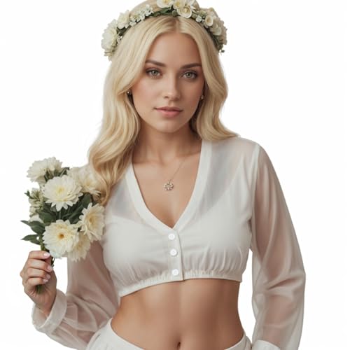 Gwnauz Dirndl Bluse Damen Weiß - Dirndlbluse Langarm V-Ausschnitt Knopfleiste Trachtenbluse für Oktoberfest & Karneval Bluse Damen von Gwnauz