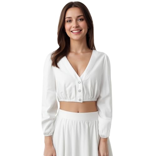 Gwnauz Dirndl Bluse Damen Weiß - Dirndlbluse Langarm V-Ausschnitt Knopfleiste Trachtenbluse für Oktoberfest & Karneval Bluse Damen von Gwnauz