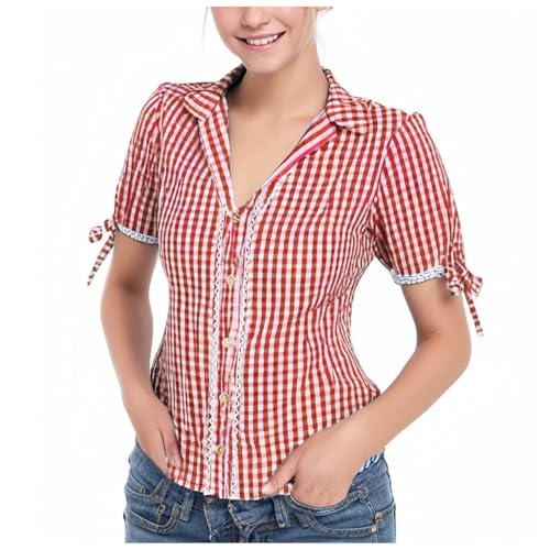 Gwnauz Dirndlbluse Damen Kariert Trachten Bluse Damen Kurzarm Dirndlbluse mit Knöpfen Oktoberfest Trachtenbluse Spitze Karierte Dirndl Bluse mit V-Ausschnitt Trachenmode für Oktoberfest von Gwnauz