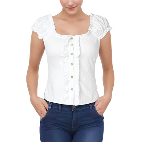 Gwnauz Dirndlbluse Damen Kariert Trachten Bluse Damen Kurzarm Dirndlbluse mit Knöpfen Oktoberfest Trachtenbluse Spitze Karierte Dirndl Bluse mit V-Ausschnitt Trachenmode für Oktoberfest von Gwnauz
