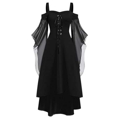 Gwnauz Halloween Kostüm Damen Gothic Kleid KurzMittelalter Gebundene Taille Kleider Erwachsene Vampir Schwarz Kleid Renaissance Gotisch Minikleid Trompetenärmel Kleid Schwarz für Halloween Karneval von Gwnauz