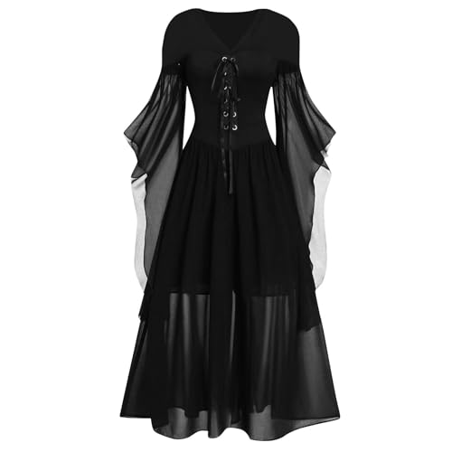 Gwnauz Halloween Kostüm Damen Gothic Kleid KurzMittelalter Gebundene Taille Kleider Erwachsene Vampir Schwarz Kleid Renaissance Gotisch Minikleid Trompetenärmel Kleid Schwarz für Halloween Karneval von Gwnauz