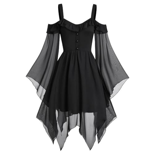 Gwnauz Halloween Kostüm Damen Gothic Kleid KurzMittelalter Gebundene Taille Kleider Erwachsene Vampir Schwarz Kleid Renaissance Gotisch Minikleid Trompetenärmel Kleid Schwarz für Halloween Karneval von Gwnauz