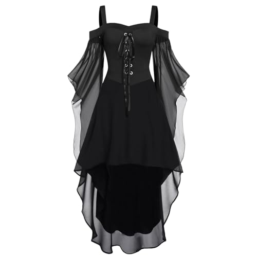 Gwnauz Halloween Kostüm Damen Gothic Kleid KurzMittelalter Gebundene Taille Kleider Erwachsene Vampir Schwarz Kleid Renaissance Gotisch Minikleid Trompetenärmel Kleid Schwarz für Halloween Karneval von Gwnauz