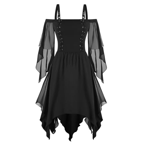 Gwnauz Halloween Kostüm Damen Gothic Kleid KurzMittelalter Gebundene Taille Kleider Erwachsene Vampir Schwarz Kleid Renaissance Gotisch Minikleid Trompetenärmel Kleid Schwarz für Halloween Karneval von Gwnauz