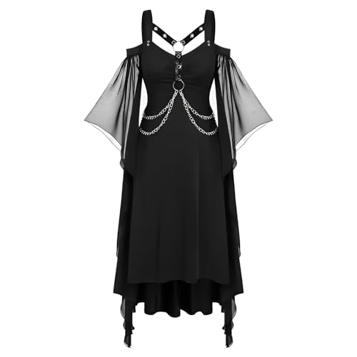 Gwnauz Halloween Gothic Kleid Damen - Mittelalter Gebundene Taille Kostüm Erwachsene Vampir Schwarz Renaissance Gotisch Minikleid Mit Trompetenärmel für Karneval von Gwnauz