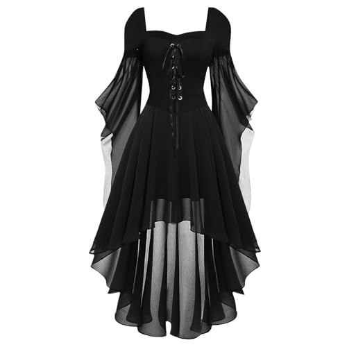 Gwnauz Halloween Kostüm Damen Gothic Kleid KurzMittelalter Gebundene Taille Kleider Erwachsene Vampir Schwarz Kleid Renaissance Gotisch Minikleid Trompetenärmel Kleid Schwarz für Halloween Karneval von Gwnauz
