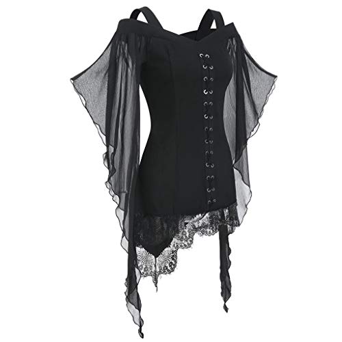 Gwnauz Halloween Kostüm Damen Gothic Kleid Kurz - Mittelalter Gebundene Taille Erwachsene Vampir Schwarz Renaissance Gotisch Minikleid Mit Trompetenärmel für Halloween Karneval von Gwnauz