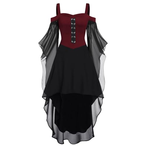 Gwnauz Halloween Kostüm Damen Gothic Kleid KurzMittelalter Gebundene Taille Kleider Erwachsene Vampir Schwarz Kleid Renaissance Gotisch Minikleid Trompetenärmel Kleid Schwarz für Halloween Karneval von Gwnauz