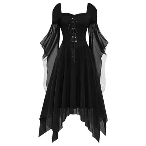 Gwnauz Halloween Kostüm Damen Gothic Kleid KurzMittelalter Gebundene Taille Kleider Erwachsene Vampir Schwarz Kleid Renaissance Gotisch Minikleid Trompetenärmel Kleid Schwarz für Halloween Karneval von Gwnauz
