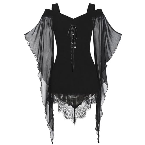 Gwnauz Halloween Kostüm Damen Gothic Kleid Kurz - Mittelalter Gebundene Taille Erwachsene Vampir Schwarz Renaissance Gotisch Minikleid Mit Trompetenärmel für Halloween Karneval von Gwnauz