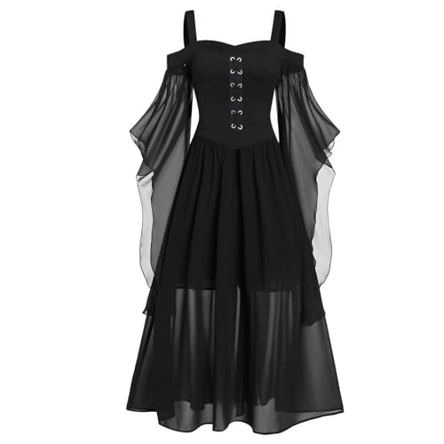 Gwnauz Halloween Kostüm Damen Gothic Kleid Kurz - Mittelalter Gebundene Taille Erwachsene Vampir Schwarz Renaissance Gotisch Minikleid Trompetenärmel für Halloween Karneval von Gwnauz