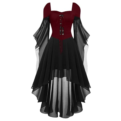 Gwnauz Halloween Kostüm Damen Gothic Kleid KurzMittelalter Gebundene Taille Kleider Erwachsene Vampir Schwarz Kleid Renaissance Gotisch Minikleid Trompetenärmel Kleid Schwarz für Halloween Karneval von Gwnauz