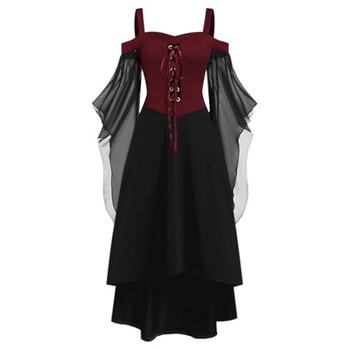 Gwnauz Halloween Kostüm Damen Gothic Kleid KurzMittelalter Gebundene Taille Kleider Erwachsene Vampir Schwarz Kleid Renaissance Gotisch Minikleid Trompetenärmel Kleid Schwarz für Halloween Karneval von Gwnauz
