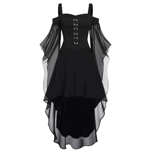 Gwnauz Halloween Kostüm Damen Gothic Kleid KurzMittelalter Gebundene Taille Kleider Erwachsene Vampir Schwarz Kleid Renaissance Gotisch Minikleid Trompetenärmel Kleid Schwarz für Halloween Karneval von Gwnauz