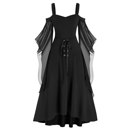 Gwnauz Halloween Kostüm Damen Gothic Kleid KurzMittelalter Gebundene Taille Kleider Erwachsene Vampir Schwarz Kleid Renaissance Gotisch Minikleid Trompetenärmel Kleid Schwarz für Halloween Karneval von Gwnauz