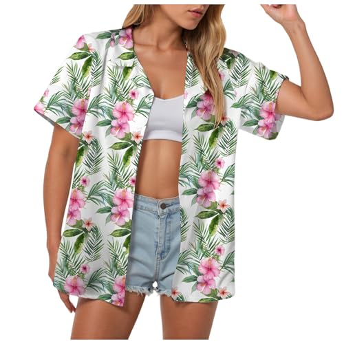 Gwnauz Hawaii Hemd Damen Kurzarm Button Down Shirts Hawaiihemd Soft Cool Floral Tropic Print V-Ausschnitt Sommer Bluse Strand Tops Bequemes Leicht Sommerbluse Oberteile Casual Hawaii Outfit Frauen von Gwnauz