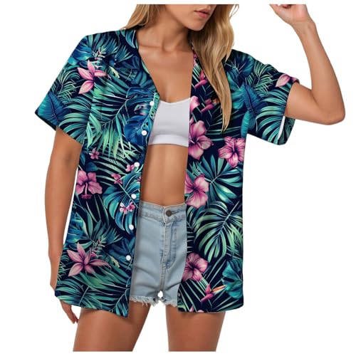 Gwnauz Hawaiihemd Damen Kurzarm Shirt Oberteile Floral Sommer Tropisch Aloha Strand Hawaii Hemd V-Ausschinitt Button Down Sommer Bluse Lässig Leicht Hawaii Outfit Oversized Kurzarm Sommerbluse Tops von Gwnauz