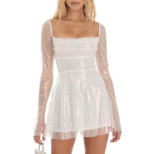 Gwnauz Kleid Damen Glitzerkleid Damen Paillettenkleid Damen Transparent Ärmel Glitzer Kleid mit Rüschensaum Minikleid Langarm Abendkleid Kurz Valentinstag Karneval Köstum Gwnauz Kleid Damen Glitzerkleid Damen Paillettenkleid Damen Transparent Ärmel Glitzer Kleid mit Rüschensaum Minikleid Langarm Abendkleid Kurz Valentinstag Karneval Köstum von Gwnauz