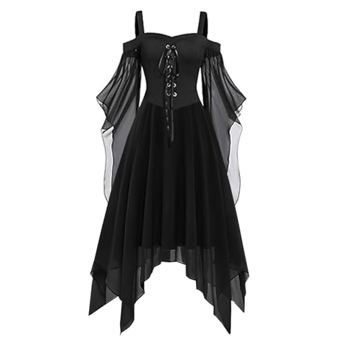 Gwnauz Renaissance Kleid Damen Gothic Kleid KurzMittelalter Gebundene Taille Kleider Erwachsene Vampir Schwarz Kleid Renaissance Gotisch Minikleid Trompetenärmel Kleid Schwarz für Halloween Karneval von Gwnauz