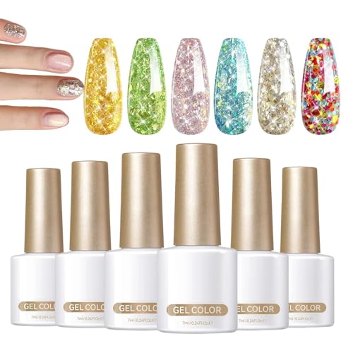 Gwtdtoad Glitzer Nagellack, Glitzergelpolier - Hochglänzende Finish 6-Farben-UV-LED Einweichen Nagel Maniküre Kit 7ml - Handgesundheits -Set, Funkelnde Gelpoly Für Frauen Lange Anhaltend Anhaltend von Gwtdtoad