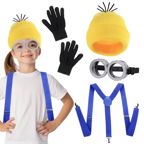 Gxhong Halloween Gelbe Kostüme Erwachsene, 4Pcs Erwachsene Cosplay Kostüm Zubehör mit Brille Schwarze Handschuhe Mütze Riemen, für Damen Herren Kinder Halloween Karneval Film Gelbe Kostüm von Gxhong