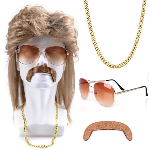 Gxhong Herren PerüCke 80er Jahre Outfit Accessoires, Set Herren PerüCke Mit Sonnenbrille Halskette Falscher Bart, Vokuhila PerüCke Herren Blond, FüR Fasching Halloween Cosplay 80er PerüCke Set von Gxhong