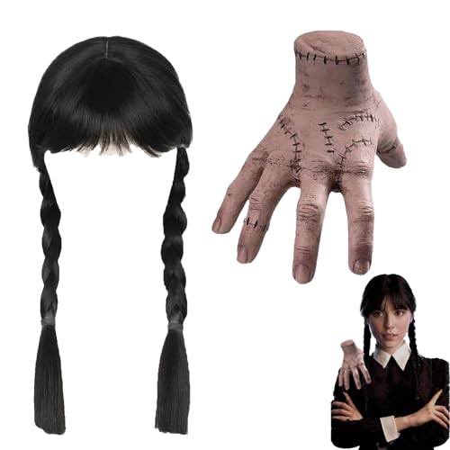 Gxlaihly Mittwoch Perücke Mit Pony, Eiskaltes Händchen, Realistic Scarred Händchen Und Perücken mit Pony Zopf, für Adams Cosplay Party Fasching Karneval Halloween von Gxlaihly