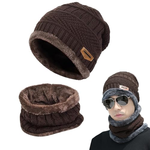 Gxlaihly Winter Beanie Mütze,Mutzen fur herren winter,Schal und mütze damen set winter,Unisex Strickmütze mit Fleecefutter Mütze Schal(Universell für Männer und Frauen)(braun) von Gxlaihly