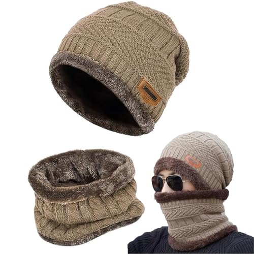 Gxlaihly Winter Beanie Mütze,Mutzen fur herren winter,Schal und mütze damen set winter,Unisex Strickmütze mit Fleecefutter Mütze Schal(Universell für Männer und Frauen) (Khaki) von Gxlaihly