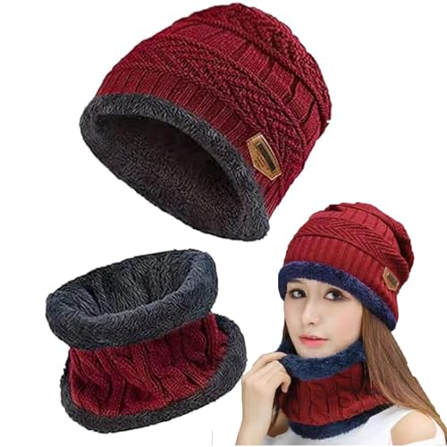 Gxlaihly Winter Beanie Mütze,Mutzen fur herren winter,Schal und mütze damen set winter,Unisex Strickmütze mit Fleecefutter Mütze Schal(Universell für Männer und Frauen) (Rot) von Gxlaihly