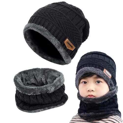 Gxlaihly Wintermütze für Kinder,Kinder Winter Warm Beanie Mütze und Loop Schal Schlauchschal Set,Kinder Wintermütze Beanie Hut,Wintermütze und Schal-Set für Jungen Mädchen von 6-15 Jahren (Schwarz) von Gxlaihly