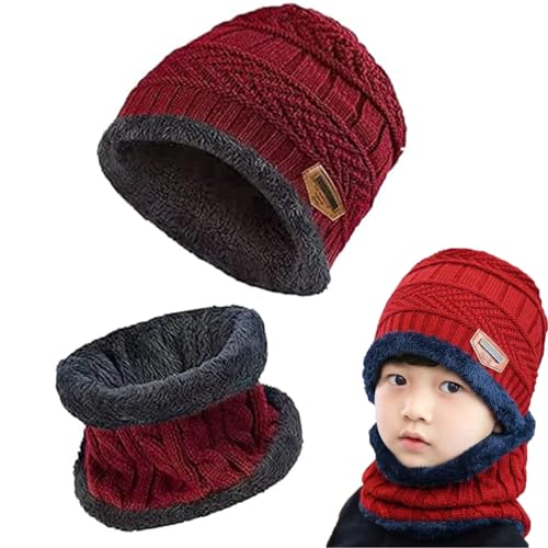 Gxlaihly Wintermütze für Kinder,Kinder Winter Warm Beanie Mütze und Loop Schal Schlauchschal Set,Kinder Wintermütze Beanie Hut,Wintermütze und Schal-Set für Jungen Mädchen von 6-15 Jahren (Rot) von Gxlaihly