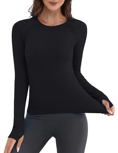 Gxpok Langärmeliges Workout-Top für Damen, schmale Passform, hochdehnbar und ultraweich, Yoga, athletisch, Langarm-Shirts mit Daumenloch, Stil A: Schwarz, Mittel Gxpok Langärmeliges Workout-Top für Damen, schmale Passform, hochdehnbar und ultraweich, Yoga, athletisch, Langarm-Shirts mit Daumenloch, Stil A: Schwarz, Mittel von Gxpok