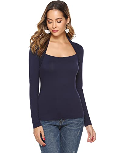 Damen Langarmshirt mit modischem Karree-Ausschnitt Elegant Shirt Oberteil Modischer T-Shir für Freizeit, Navy Blau, XL von Gyabnw