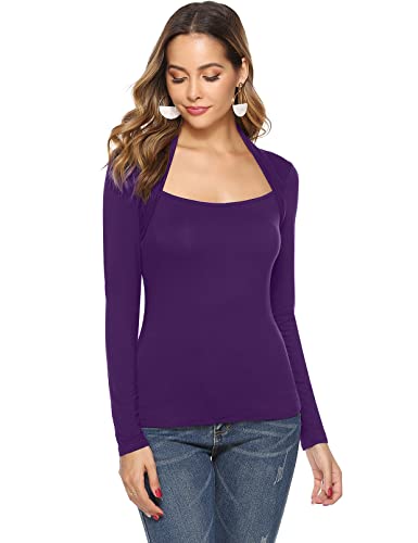 Damen Langarmshirt mit modischem Karree-Ausschnitt Elegant Shirt Oberteil Modischer T-Shir für Freizeit, Violett, L von Gyabnw