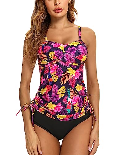 Gyabnw Tankini Badeanzug für Damen Sommer Zweiteilig Bedruckt mit BH V-Ausschnitt Bauchweg Push Up Sexy A-Fuchsie,S von Gyabnw