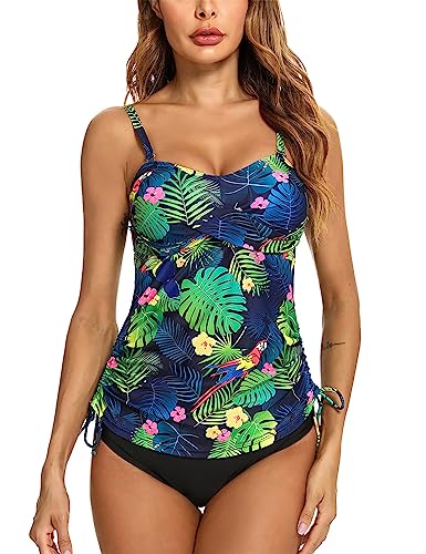 Gyabnw Tankini Badeanzug für Damen Sommer Zweiteilig Bedruckt mit BH V-Ausschnitt Bauchweg Push Up Sexy A-Grün Blatt,M von Gyabnw