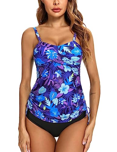 Gyabnw Tankini Badeanzug für Damen Sommer Zweiteilig Bedruckt mit BH V-Ausschnitt Bauchweg Push Up Sexy A-Lila-blau,S von Gyabnw