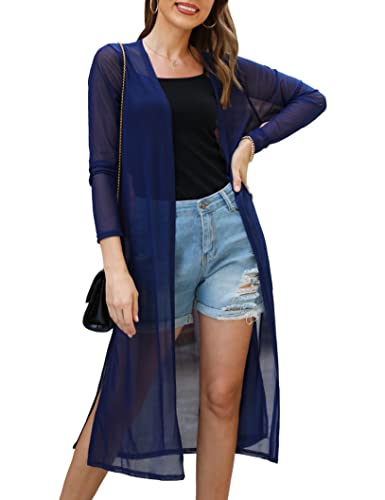 Gyabnw Bikini Cover Up Damen Chiffon Lang Badeanzug für Damen Sommer Pareos Offene Front Jacke Beachwear Strickjacke Cardigan Leicht Sommerjacke Bolero Elegant Sexy Outwear Strandkleid, Navy Blau XXL von Gyabnw