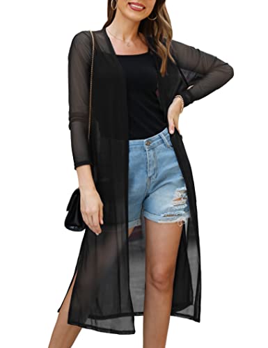 Gyabnw Bikini Cover Up Damen Chiffon Lang Badeanzug für Damen Sommer Pareos Offene Front Jacke Beachwear Strickjacke Cardigan Leicht Sommerjacke Bolero Elegant Sexy Outwear Strandkleid, Schwarz M von Gyabnw