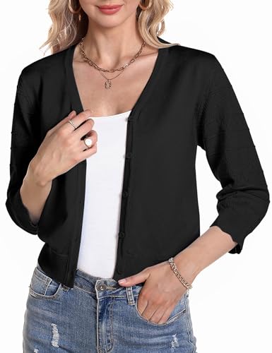 Gyabnw Strickjacke Damen 3/4 Ärmel Jacke Elegant Damen Cardigan Strickjacke Kurz Tops Jäckchen Oberteile B-Schwarz,S von Gyabnw