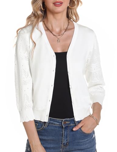 Gyabnw Damen Sommer Strickjacken für Damen Elegante lässige leichte Strickjacke B-Weiß,L von Gyabnw