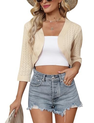 Gyabnw Bolero Damen 3/4 Ärmel Strickjacke Kurz Tops Elegant Damen Cardigan Jäckchen Oberteile B-Aprikose,XXL von Gyabnw