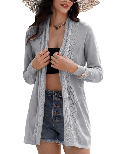 Gyabnw Cardigan für Damen Bolero Lange Dünne Strickjacke Leicht Open Front Sommerjacke Bikini Cover up Langarm Jacke Schulterjacke Strickweste Shawl Strandkleid Beachwear Bolerojäckchen Shrug grau, M von Gyabnw