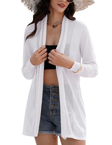 Gyabnw Damen Cardigan Lange Leichte Strickjacke Open Front Sommerjacke Langarm Jacke Bikini Cover up Weiß, M von Gyabnw