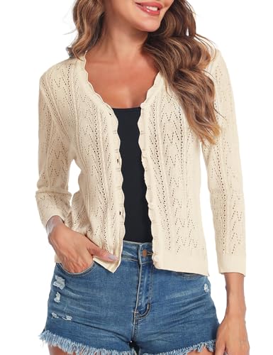 Gyabnw Damen Strickjacke kurz 3/4 Ärmel BoleroJäckchen Elegant Cardigan Casual Sommer Strickjacke Outerwear von Gyabnw