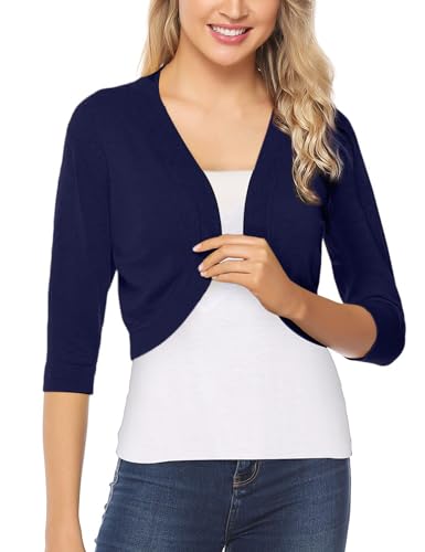 Gyabnw Bolero Damen 3/4 Ärmel Jacke Elegant Damen Cardigan Strickjacke Kurz Tops Jäckchen Oberteile A-Blau,L von Gyabnw