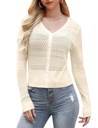 Gyabnw Bolero Damen Festlich Kurz Strickjacke Elegant Trachtenjacke Brautjacke Jäckchen Langarm Büro Boleros Shrug Top V-Ausschnitt für Hochzeit Cocktail Party B-Beige,L von Gyabnw